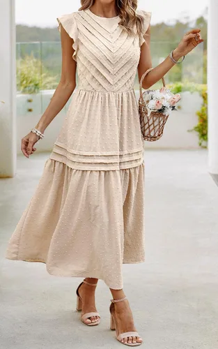 Vista 8 de Angashion Vestido largo de verano para mujer, casual, cuello redondo, manga casquillo, lunares suizos, plisado, liso, largo, vestido skater
