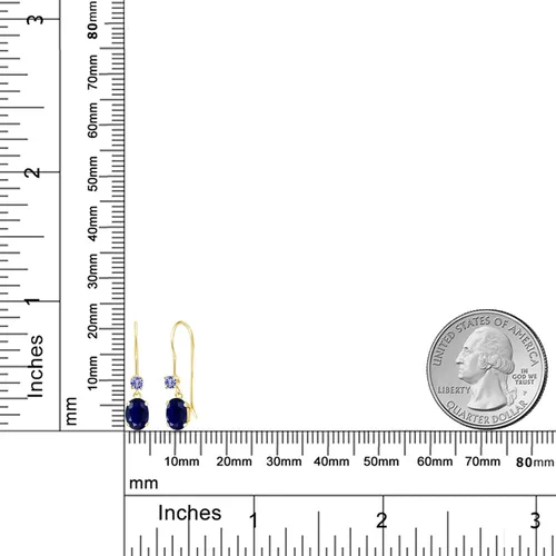 Vista 3 de Gem Stone King Aretes colgantes de oro amarillo de 14 quilates, zafiro azul y tanzanita azul, alambre francés para mujer