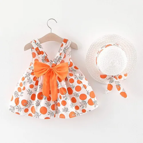 Vista 2 de Sombrero de princesa con estampado de lazo para bebé, vestido de lunares sin mangas, traje de primer cumpleaños (naranja, 70)