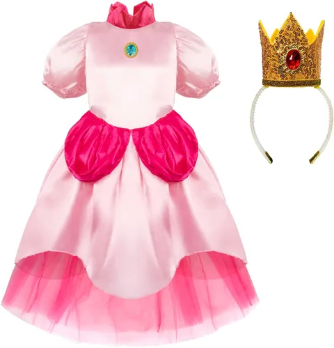Vista 3 de Atchca Disfraz de princesa melocotón para niñas, vestido de princesa melocotón con accesorios
