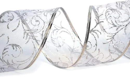 Vista 2 de Cintas plateadas con alambre para árbol de Navidad, decoración del hogar, alambre de organza transparente con purpurina y adornos metálicos, lazos
