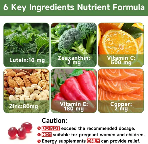 Vista 3 de Suplemento vitamínico y mineral para los ojos, soporte visual 120 geles suaves veganos, contiene luteína, zeaxantina, vitamina C y E, zinc, cobre