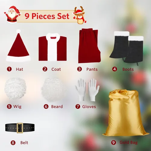 Vista 2 de AOSUYOU Santa Claus Costume For Men, 9PCS Deluxe Santa Suit Adults Men Santa Costume Christmas Santa Outfit