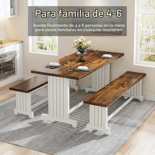 Vista 6 de Tribesigns Juego de mesa de comedor pequeña de 47 pulgadas para 2, mesa de cocina de 3 piezas con 2 bancos, muebles de cena de madera de granja