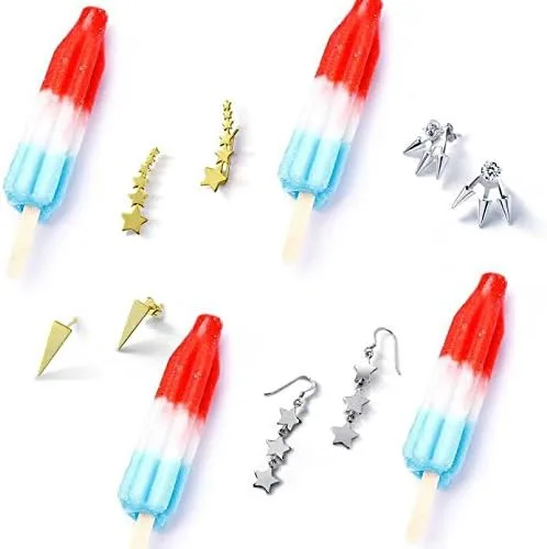 Vista 4 de Aretes de estrella fugaz patriótica de Estados Unidos para mujeres, adolescentes, chapados en oro de 14 quilates, plata de ley 925, Metal