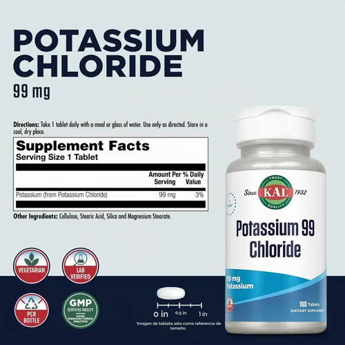Vista 2 de KAL Cloruro de potasio 99, suplemento de cloruro de potasio de 99 mg, 100