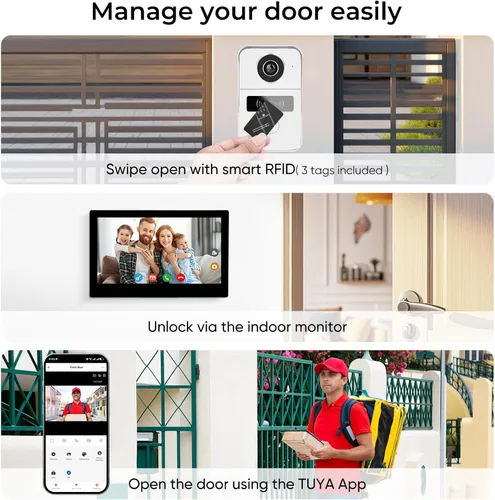 Vista 5 de Sistema de intercomunicador de video con 2 cables y pantalla táctil de 7 pulgadas, timbre con cámara y ángulo amplio de 140°, grabación de video