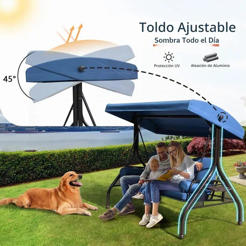 Vista 4 de Columpio NOBLEMOOD para porche de 3 asientos con toldo ajustable y bandejas laterales Azul
