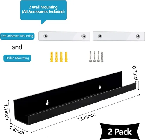 Vista 3 de evron Estantes flotantes acrílicos – Paquete de 2 estantes de pared negros para baño, dormitorio o cocina – Fácil instalación con adhesivo