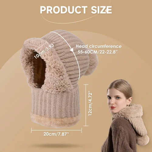 Vista 5 de Gorro 3 en 1 con bufanda y máscara, pasamontañas de punto, resistente al viento, talla única, sombrero y bufanda para mujer