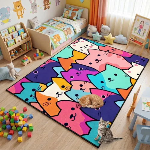 Vista 30 de Alfombra de gato para habitación de niñas, diseño de dibujos animados, decoración para dormitorio, bonita alfombra de área de gatos, alfombras