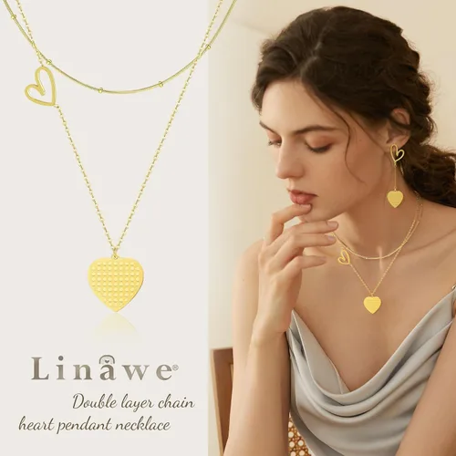 Vista 2 de Linawe Collares con dije de corazón en capas para mujer, de acero inoxidable, hipoalergénicos, juego de collar en capas, joyería de preppy