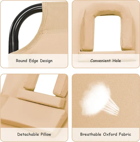 Vista 7 de Sillón plegable de playa con 5 respaldos ajustables y almohada acolchada, tumbona para tomar el sol, silla plana de bronceado para cubierta de Beige