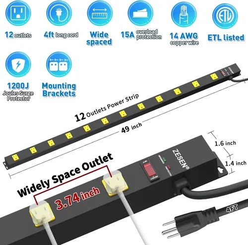 Vista 2 de Regletas de alimentación largas de 12 tomas de corriente amplias con regleta de cable de 4 pies Heavy Duty Industrial Power Strip Surge Protector