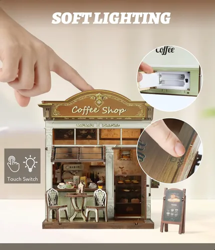 Vista 3 de Kit de rincón de libros DIY Cafetería Casa en miniatura Rompecabezas de madera 3D con luz LED, decoración de estantería pequeña kit de construcción