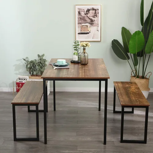 Vista 6 de SDHYL Juego de mesa de comedor de 45 pulgadas con 2 bancos, juego de mesa de comedor para 3, mesa de comedor rectangular pequeña de madera con 2