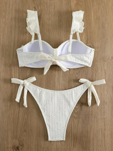 Vista 4 de WDIRARA Conjunto de traje de baño de 2 piezas para mujer con ribete de volantes, nudo lateral y parte delantera