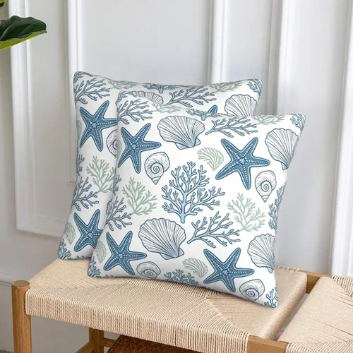 Vista 3 de Fundas de almohada de playa costera 18x18, juego de 2, fundas de almohada decorativas con diseño de estrella de mar y caballito de mar