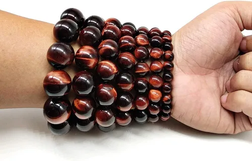 Vista 5 de Brazaletes y pulseras de cuentas de piedra natural con ojos de tigre rojos AA hechos a mano joyería de piedra energética para mujeres u hombres