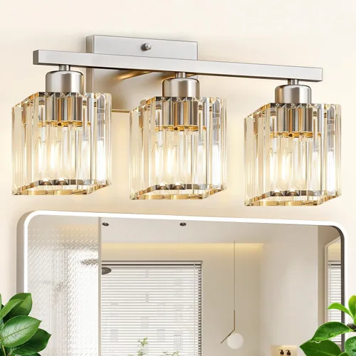 Vista 9 de GOLSPARK Modern Crystal Bathroom Vanity Light, Brushed Nickel Bathroom Lighting fixtures Over Mirror, 3-Light Vanity Light Fixtures, E26 Base Round