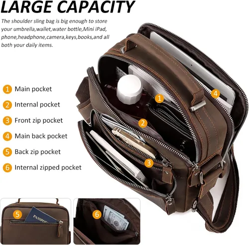 Vista 4 de HUMERPAUL Bolso de mensajero de cuero para hombres y mujeres, bolso de mano cruzado para el trabajo y negocios, Café Mh573