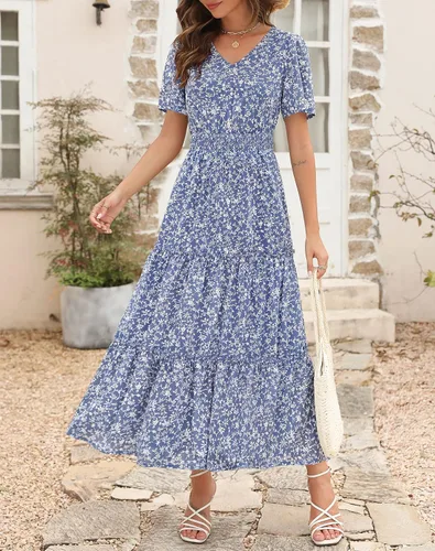 Vista 3 de Zattcas Vestido largo casual de verano para mujer 2023, manga corta, cuello en V, fruncido, escalonado, modesto, floral, bohemio, vestido maxi
