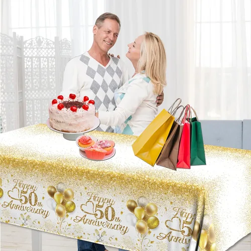 Vista 6 de Mantel de Feliz 50º Aniversario, Decoraciones de Aniversario de 50 Años 3 Piezas Mantel Blanco y Dorado Impermeable Rectangular Cubierta de Mesa