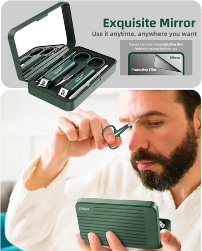 Vista 5 de Bonito juego de aseo premium 5 en 1: cortaúñas, lima, púa de orejas, tijeras para el cabello facial y espejo en una elegante caja de almacenamiento