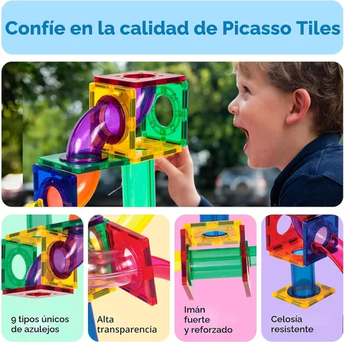 Vista 6 de PicassoTiles - Juego de pista de canicas magnéticas de 100 piezas con azulejos de pista de carreras, embudos, pendientes curvas y bolas de acero