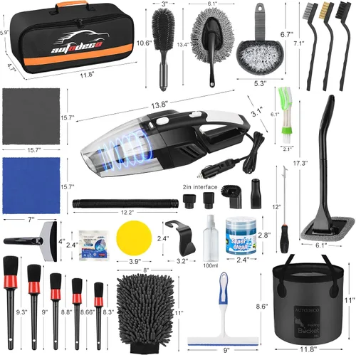 Vista 9 de Kit de limpieza para auto de 41 piezas Kit de limpieza y detalle interior con aspiradora de mano de alta potencia, cubo plegable, herramienta