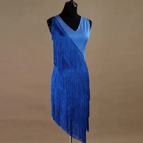 Vista 3 de Vestidos de baile latino con cuello en V para mujer, vestido de competición de salsa con flecos, sin mangas, disfraz de cha cha, para sala de baile