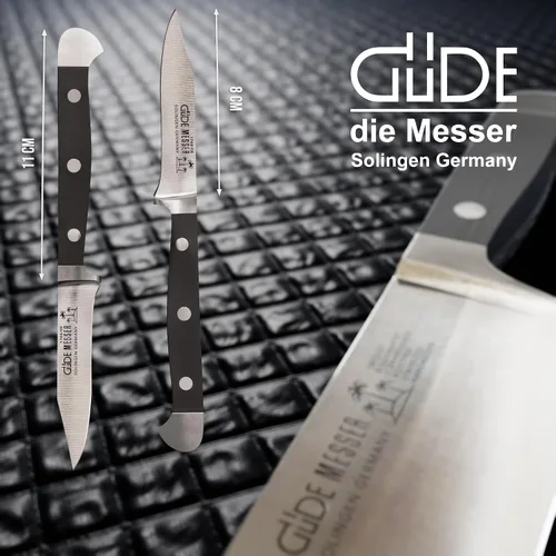 Vista 2 de Gude Alpha Series - Cuchillo de pelar forjado de doble refuerzo con mango Hostaform negro de 3 pulgadas, fabricado en Solingen, Alemania desde 1910