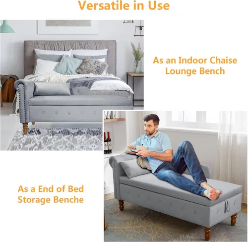 Vista 5 de Aoowow Banco de almacenamiento de terciopelo para dormitorio, extremo de la cama, sofá con brazo enrollado, tumbona para interiores con Gris 58