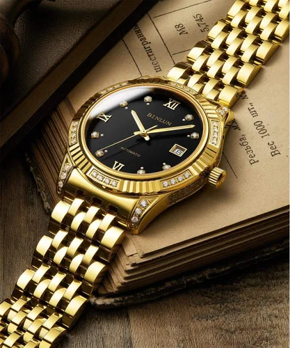 Vista 2 de BINLUN Reloj de pulsera para hombre, mecánico automático, reloj dorado con cuerda automática, elegante, chapado en oro de 18 quilates, relojes