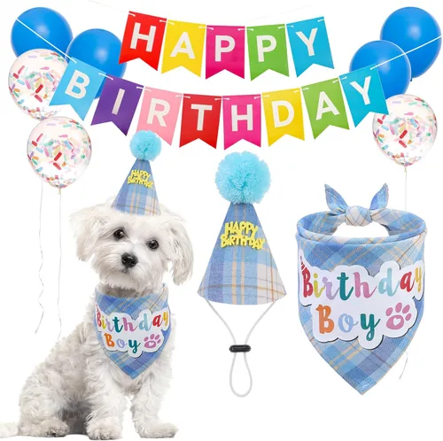 Vista 27 de SCENEREAL Suministros para fiesta de cumpleaños para perros, bandana de cumpleaños para perro, juego de collar de pajarita con números de Niño azul