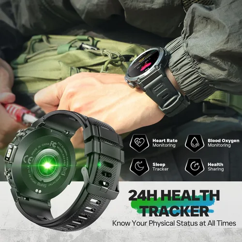Vista 10 de Reloj inteligente militar para hombre, reloj GPS con linterna, brújula 3ATM, impermeable, resistente, táctico, inteligente, Bluetooth, 1.45