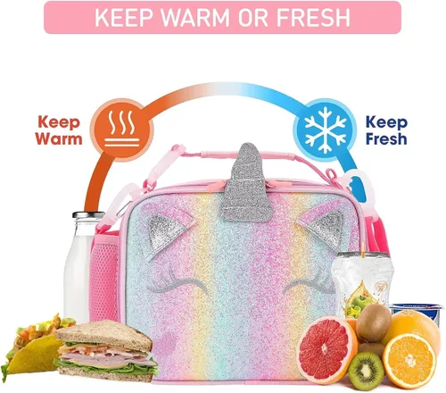 Vista 8 de Lonchera de unicornio para niñas con correas ajustables para el hombro, bonita lonchera aislada a prueba de fugas, con purpurina y brillo, bolsa