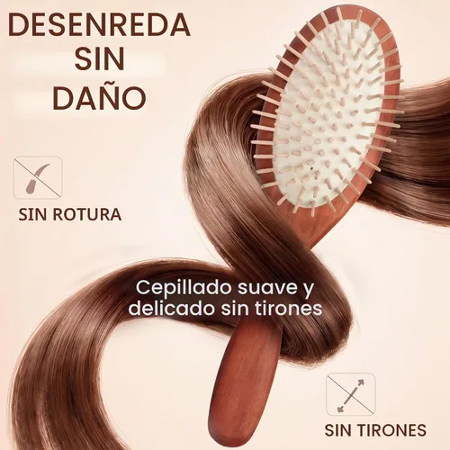Vista 2 de Cepillo de pelo de madera, cerdas de madera redondeadas, antiestático, fabricado en Alemania Rounded wooden bristles massage the scalp