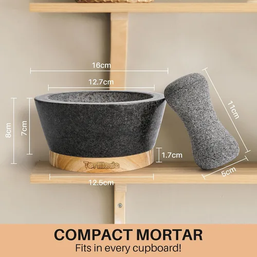Vista 5 de Tortillada Juego de mortero y mortero de 6 pulgadas, grande, hecho de granito natural con base de madera antiarañazos, molinillo de hierbas