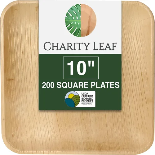 Vista 10 de Platos cuadrados desechables de hoja de palma Charity Leaf de 9" (22.86 cm) (50 piezas) Platos de servir tipo bambú, tablas desechables, vajilla