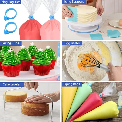Vista 5 de Kit de suministros de decoración de pasteles, 240 piezas, tocadiscos para pasteles, 100 bolsas de tubería, 100 forros desechables para cupcakes, 24