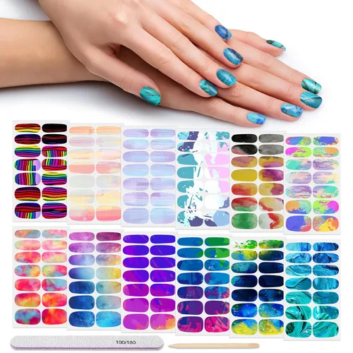 Vista 10 de 12 hojas de tiras de esmalte de uñas, autoadhesivas, calcomanías de uñas de gel, envolturas completas para mujeres y niñas, diseño de grafiti, cielo