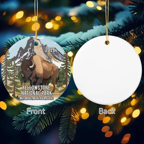 Vista 3 de Yellowstone National Park - Adorno de Navidad de cerámica de bisonte, 3 pulgadas