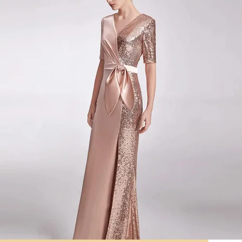 Vista 5 de na Vestido de noche largo de tela con costuras doradas de temperamento delgado para mujer, talla grande, lentejuelas delgadas para banquete