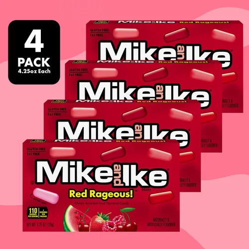 Vista 4 de Mike and Ike Candy Red Rageous Flavor, paquete de 4 cajas de dulces de cine de 4.25 onzas cada una, dulces ideales para Mike e Ike para tus