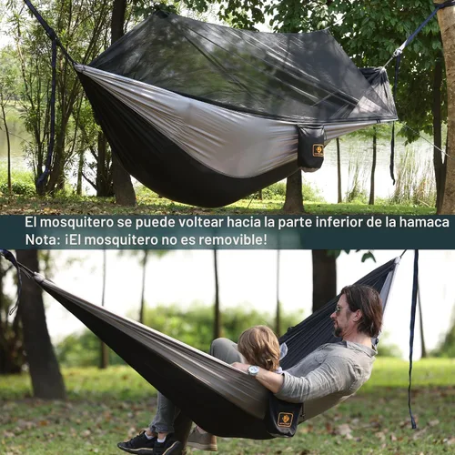 Vista 3 de Qevooon Hamaca de camping con red, hamacas ligeras portátiles de viaje con correas para árboles y mosquetones sólidos en forma de D, hamaca de Negro