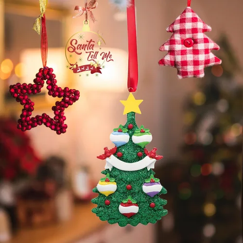Vista 5 de Adornos de Navidad 2025, árbol genealógico personalizado, nombre y familia de 5 fechas, adorno de tres nietos o nietos, bola de Navidad, decoración