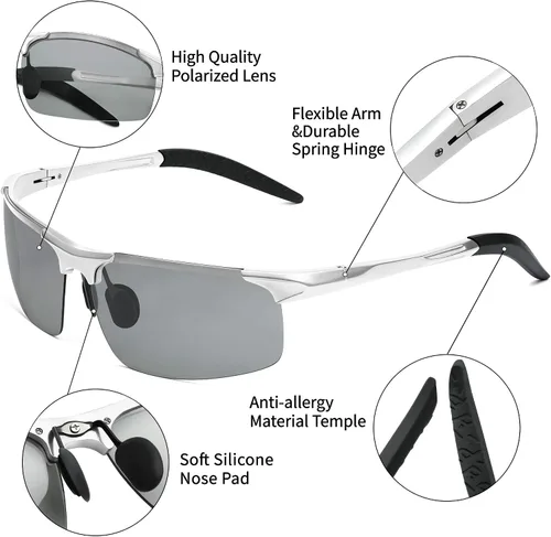 Vista 4 de Wzerry Lentes de sol polarizados fotocromáticos para hombres lentes de sol deportivos con marco de metal Al-Mg para conducir protección UV400