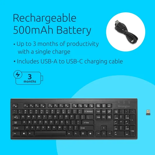 Vista 4 de Kensington KB270 EQ Teclado inalámbrico recargable, tamaño completo, a prueba de derrames, conexión Bluetooth 5.0 y 2.4 GHz, compatible con Windows