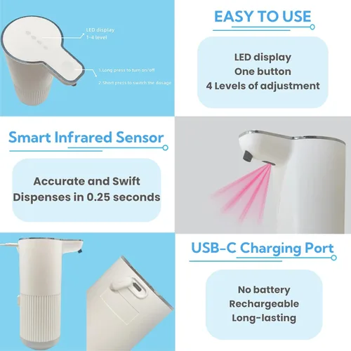 Vista 3 de Dispensador automático de jabón, dispensador eléctrico recargable de jabón para manos y platos para fregadero de cocina y baño, bomba sin contacto